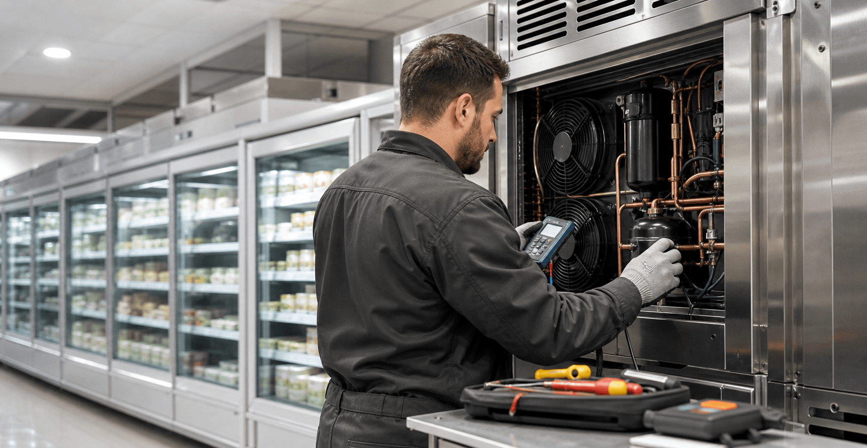 Técnico inspecionando equipamento de refrigeração comercial em ambiente de mercado